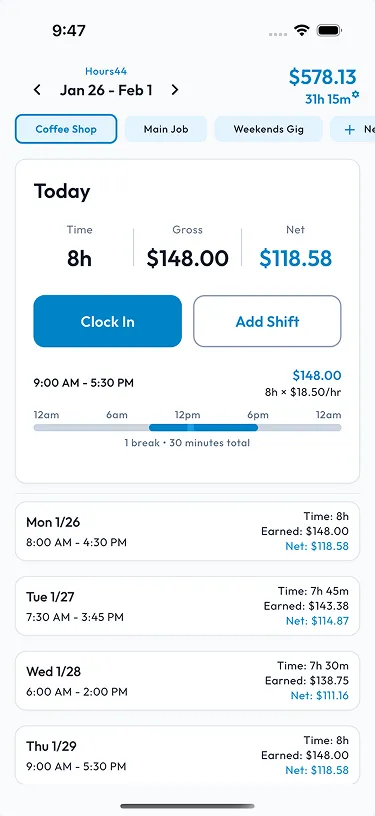 Hours Tracker home screen showing shift stats