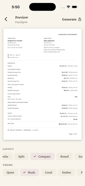 Payslip44 paystub preview screen