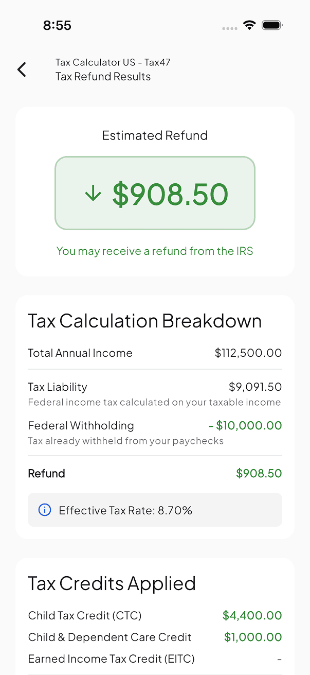 Tax Calculator US refund screen