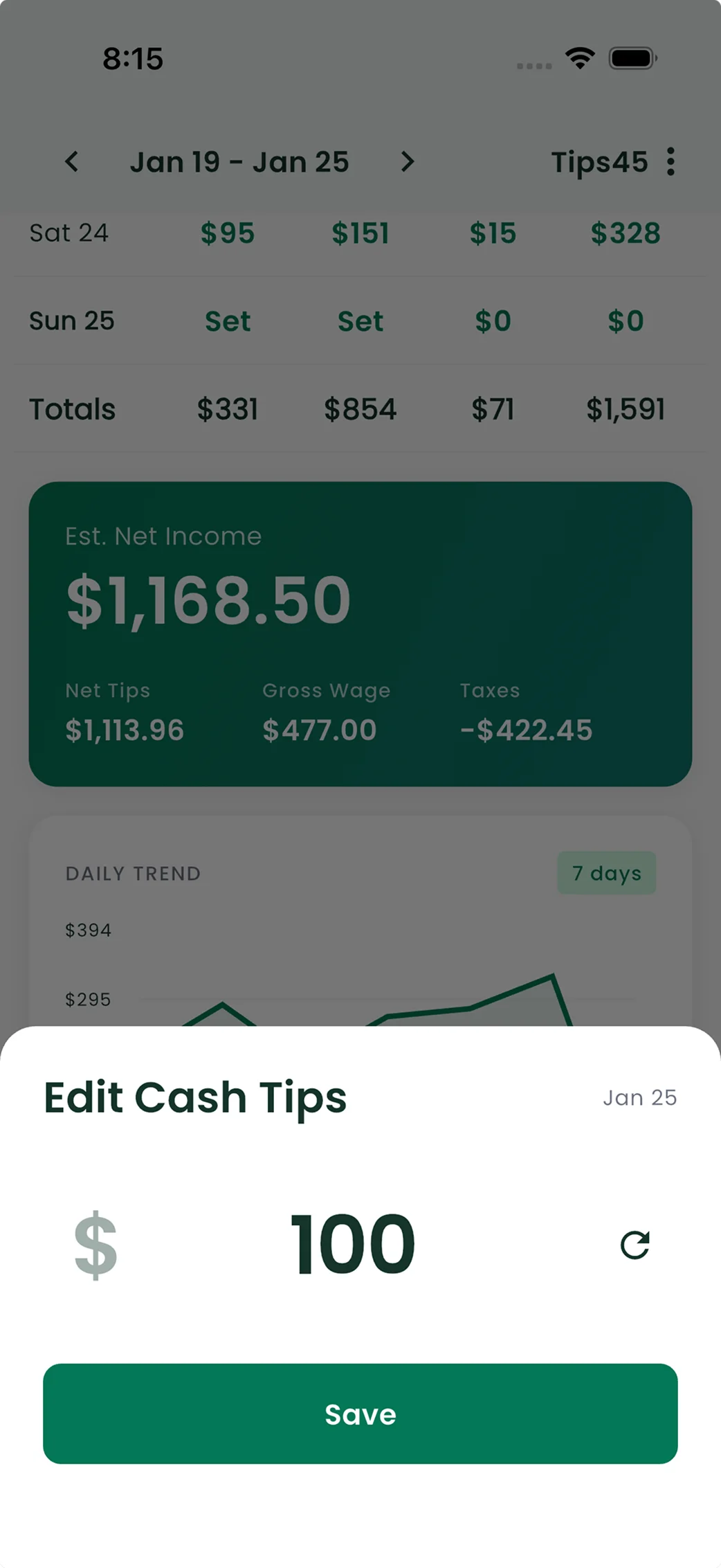 Tip Tracker main screen