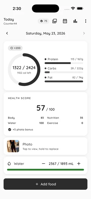 Counter44 Today screen — calorie ring, macro bars, and meal-grouped entry list