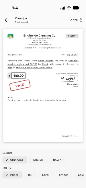 Signed payment receipt preview with PAID stamp, amount in words, and layout and theme pickers