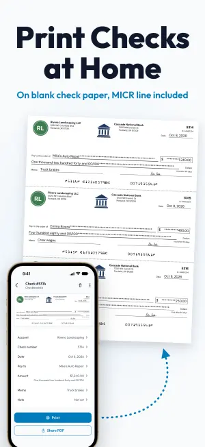 Sheet of three printed checks with MICR lines next to an iPhone showing Check #5314 with Print and Share PDF buttons