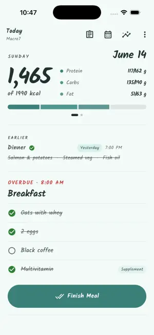 Macro7 Today screen — eaten-vs-planned macros and the focus checklist with a hold-to-finish button