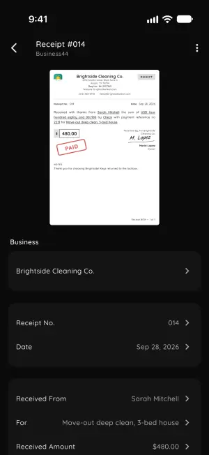 Receipt editor with a live A4 thumbnail and tap-to-edit business, payer, purpose and amount fields