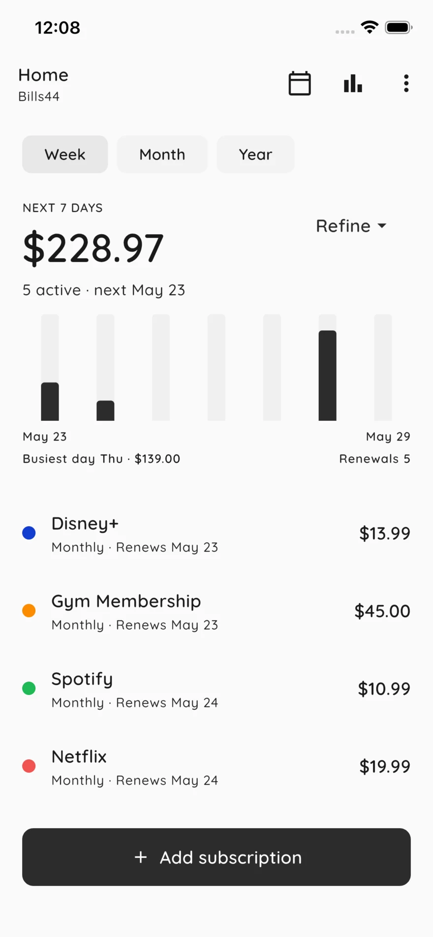 Home screen with weekly view, $228.97 next 7 days