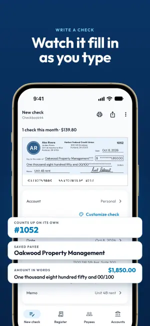 New check screen with a live check preview, auto-numbered #1052, a saved payee and the amount spelled out in words
