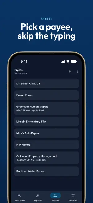 Payees list of saved names and addresses such as Greenleaf Nursery Supply and Oakwood Property Management