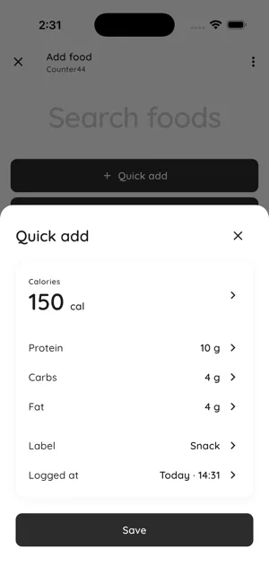 Quick Add sheet for manual kcal and macro entry