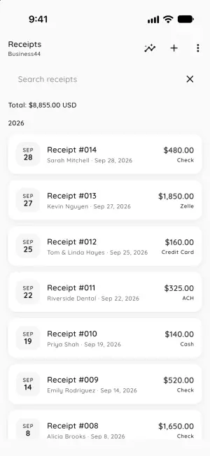 Receipts list grouped by year with search and a running USD total
