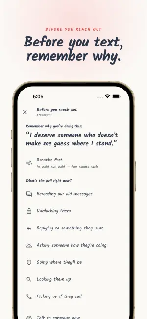 Before you reach out screen showing your reason, a breathing prompt, and what is pulling you back