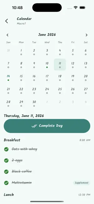 Month calendar with completion markers and a selected day's checklist