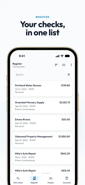 Register listing saved checks with payee, date, check number, account and amount