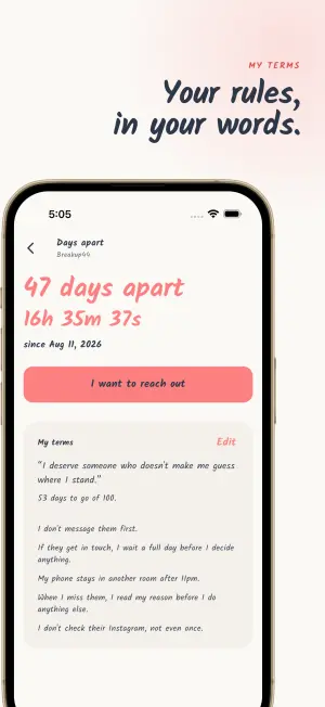 My terms card listing personal no-contact rules under the days-apart counter