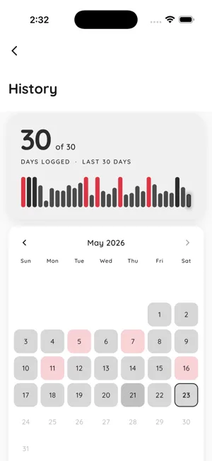 Calendar month view of logged days