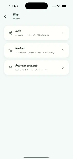 Plan hub summarizing diet, workout, and program reminder settings