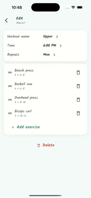 Workout editor with an exercise list, sets, and reps