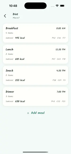 Diet screen listing recurring meals with times, item counts, and per-meal macro subtotals