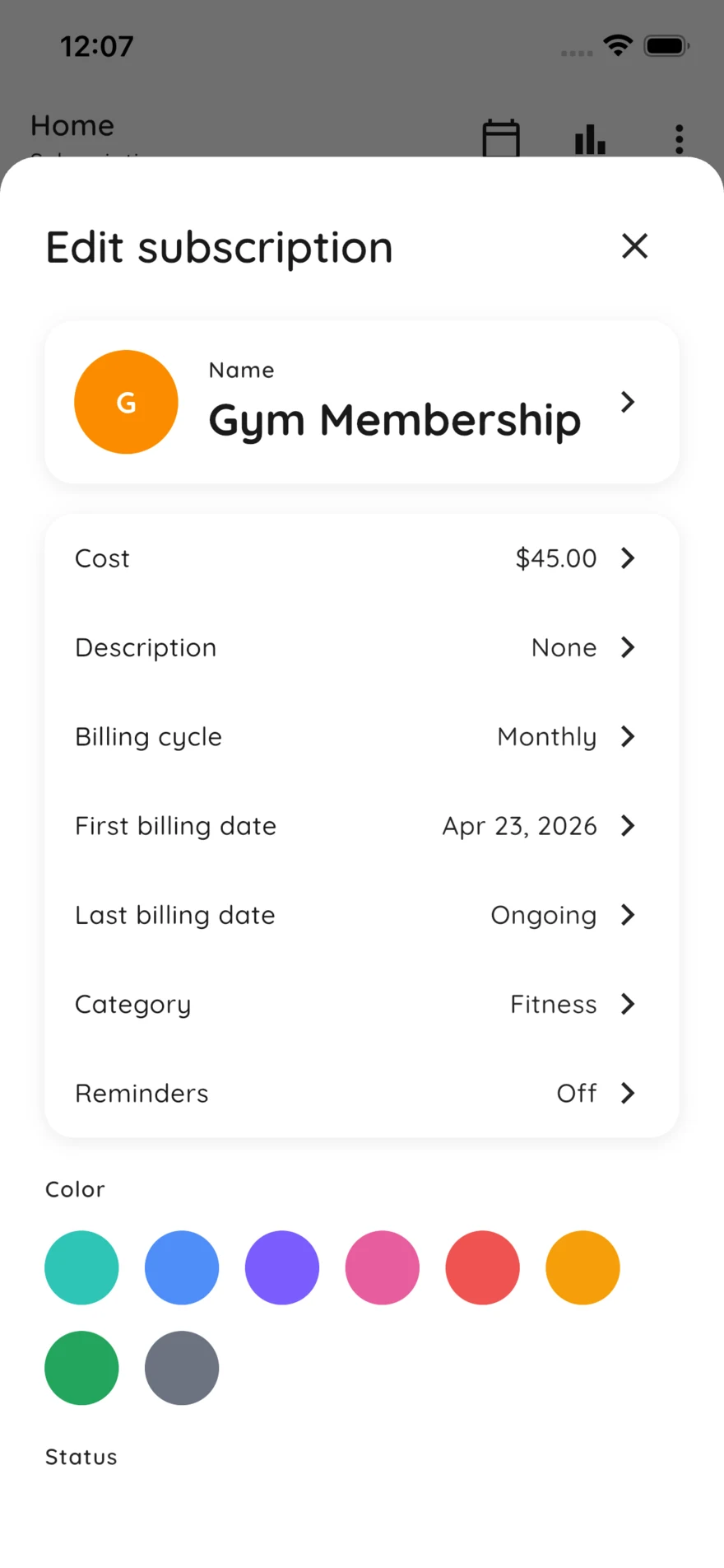 Subscription editor with cost, cycle, category