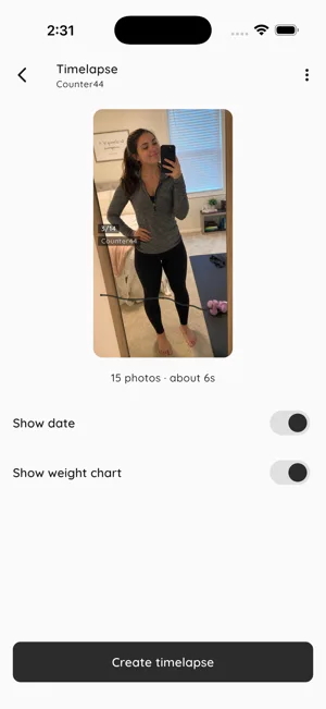 Timelapse export with weight-chart overlay