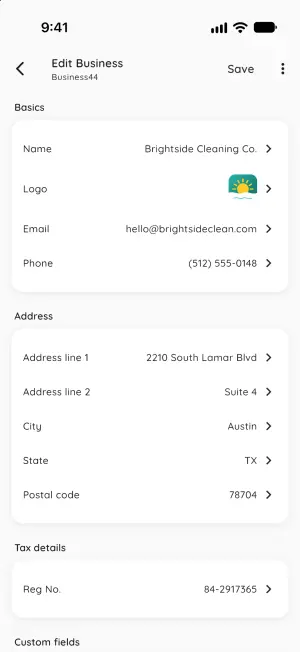 Business profile editor with logo, email, phone, address and Reg No.