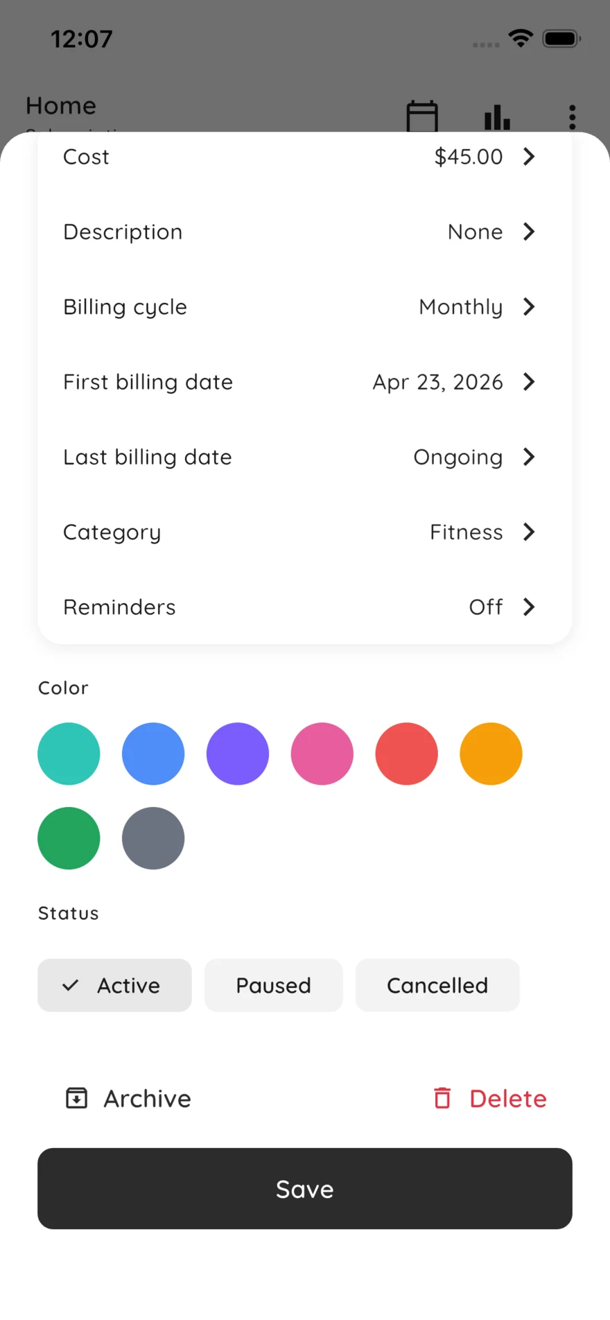 Subscription editor with color picker and status