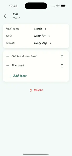Meal editor with time, recurrence, and item list