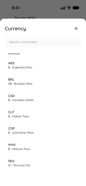 Searchable currency picker grouped by region