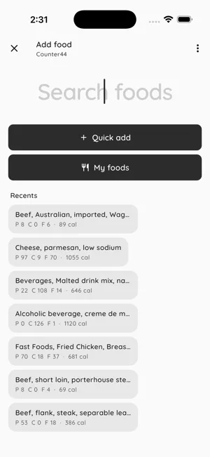 Food database search results inside Counter44