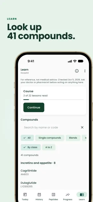 Learn tab with the 22-lesson course progress and a searchable list of 41 compounds grouped by class