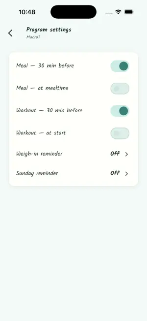 Program settings with meal, workout, weigh-in, and Sunday reminder toggles
