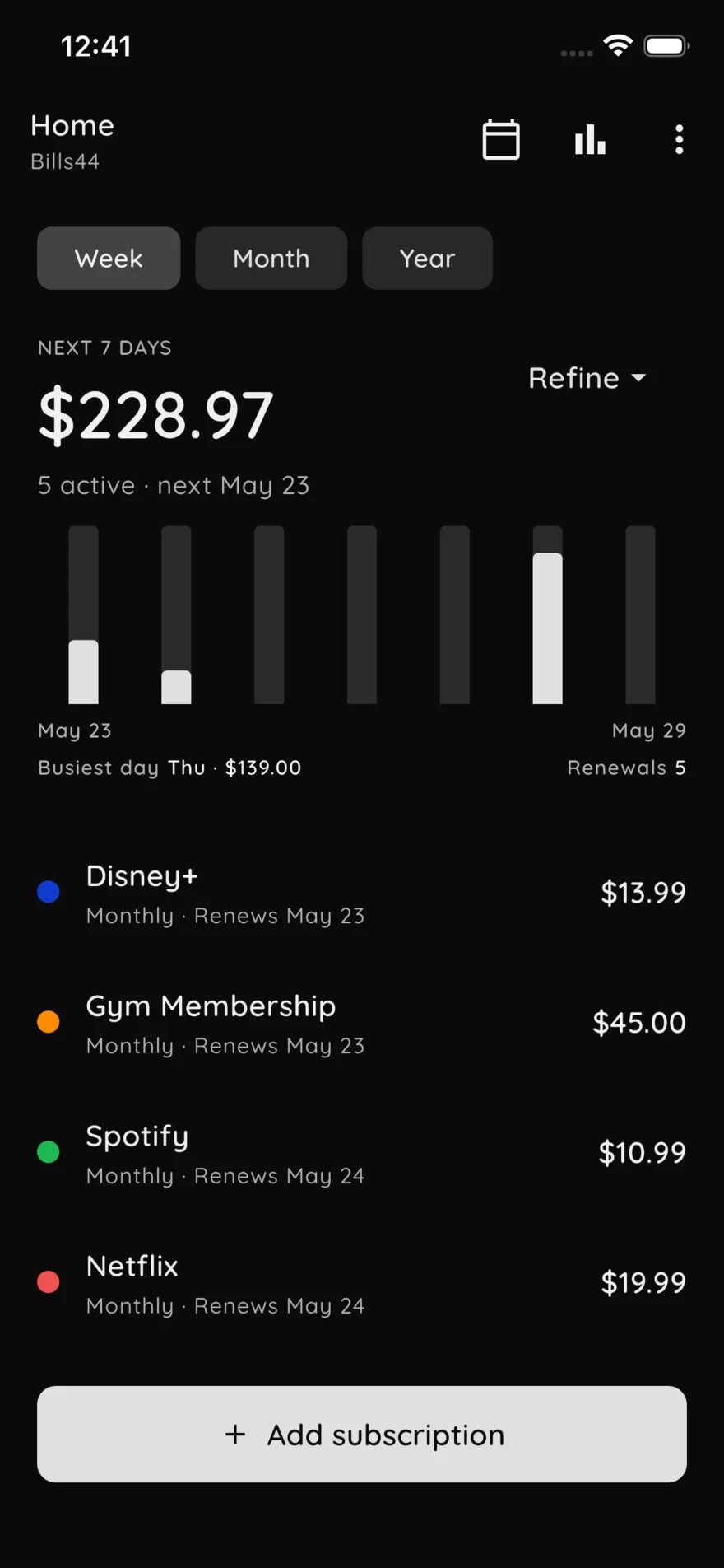 Home screen in dark theme