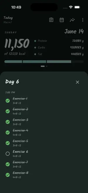 Dark-theme Today screen with a completed workout group