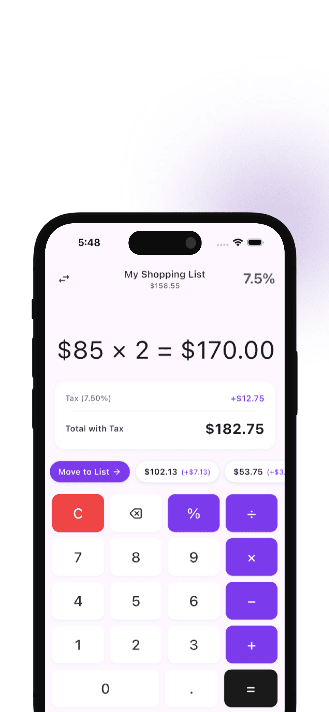 Shop44 calculator showing $85 times 2 equals $170 with 7.5% tax