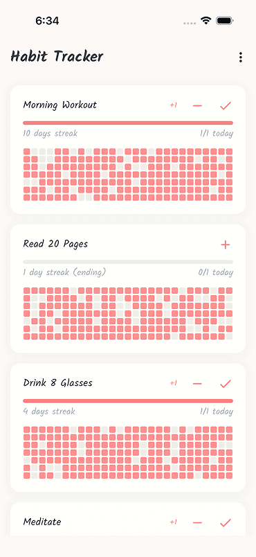 Habit Tracker main dashboard with visual heatmaps