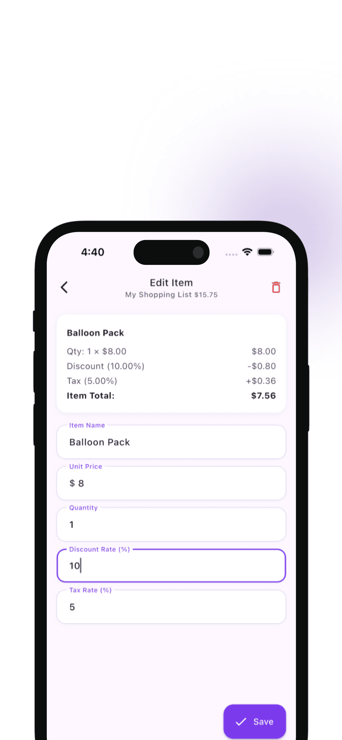 Edit item screen showing Balloon Pack with 10% discount and 5% tax
