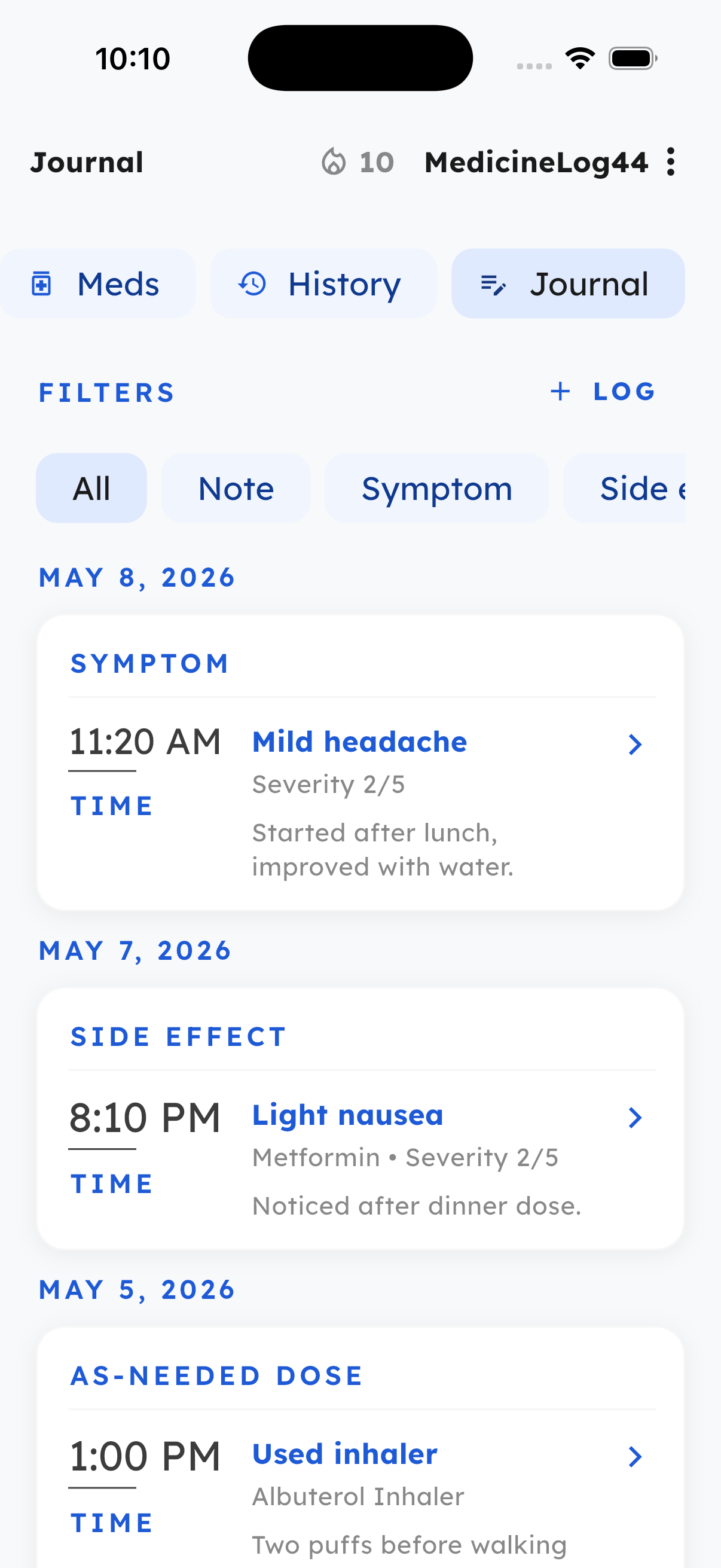 MedicineLog44 journal screen with medication notes and symptoms