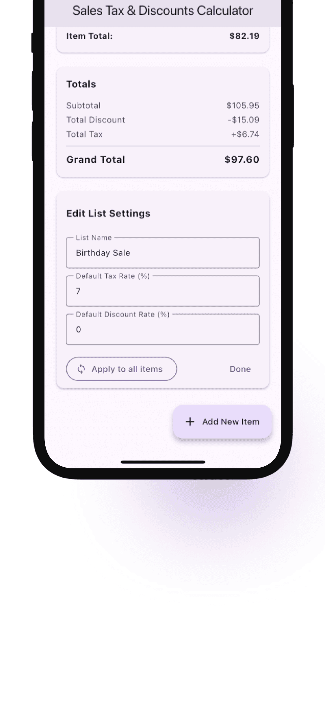List settings and totals breakdown
