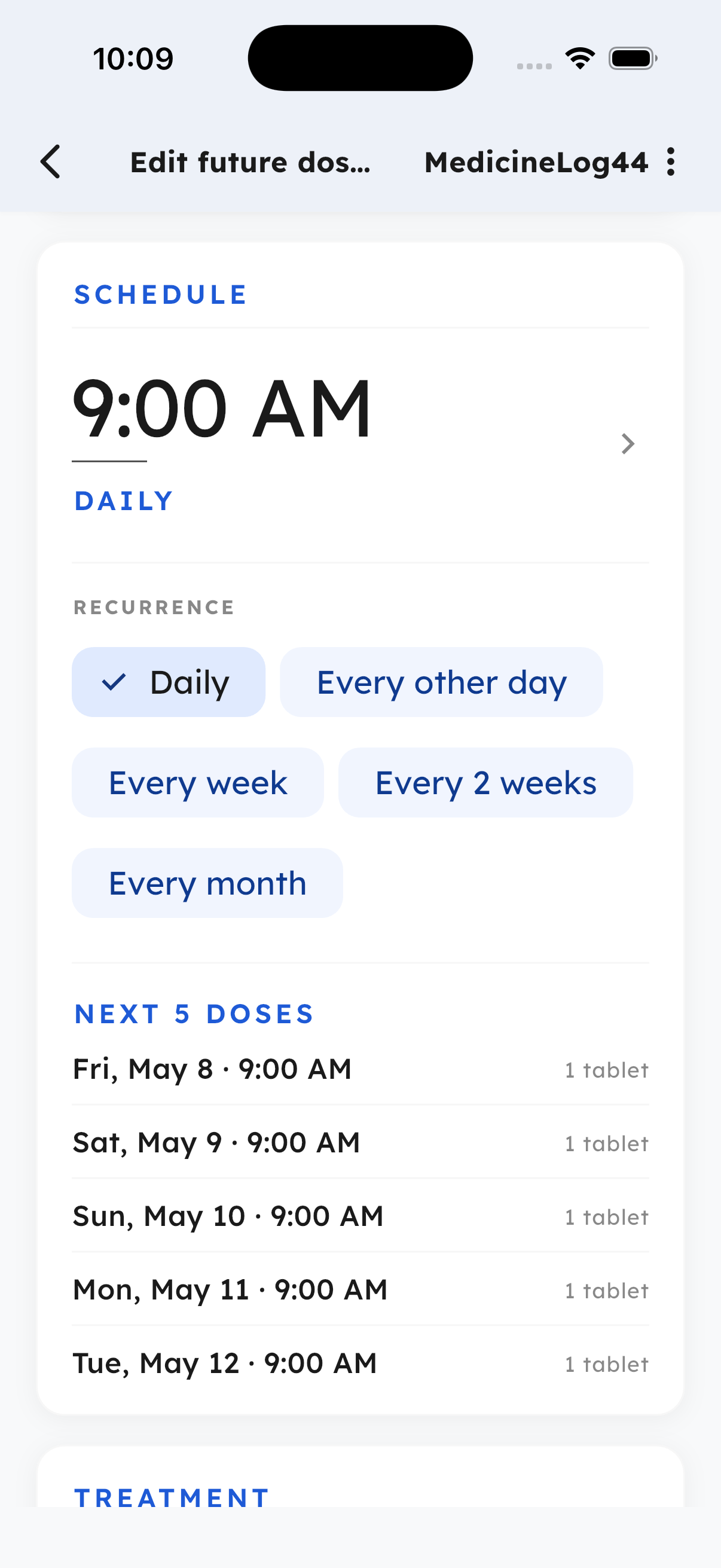 MedicineLog44 schedule editor with recurrence options and next doses
