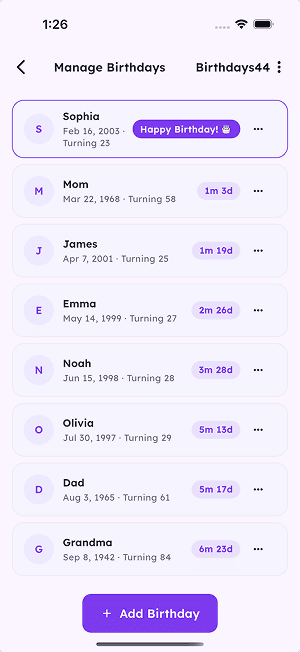 Manage birthdays screen with countdown badges for family and friends