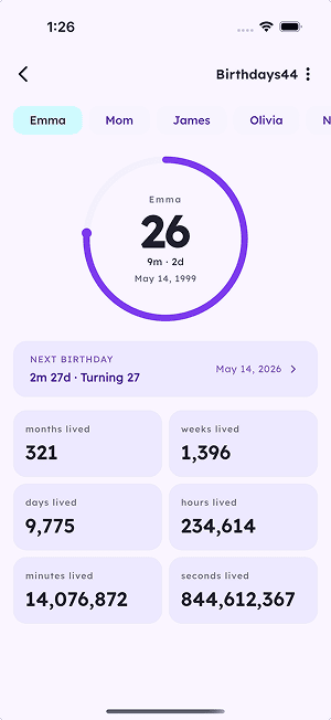Detailed age breakdown showing months, weeks, days, hours, minutes, and seconds lived