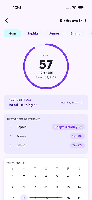 Birthdays44 home screen with radial age display, upcoming birthdays, and monthly calendar