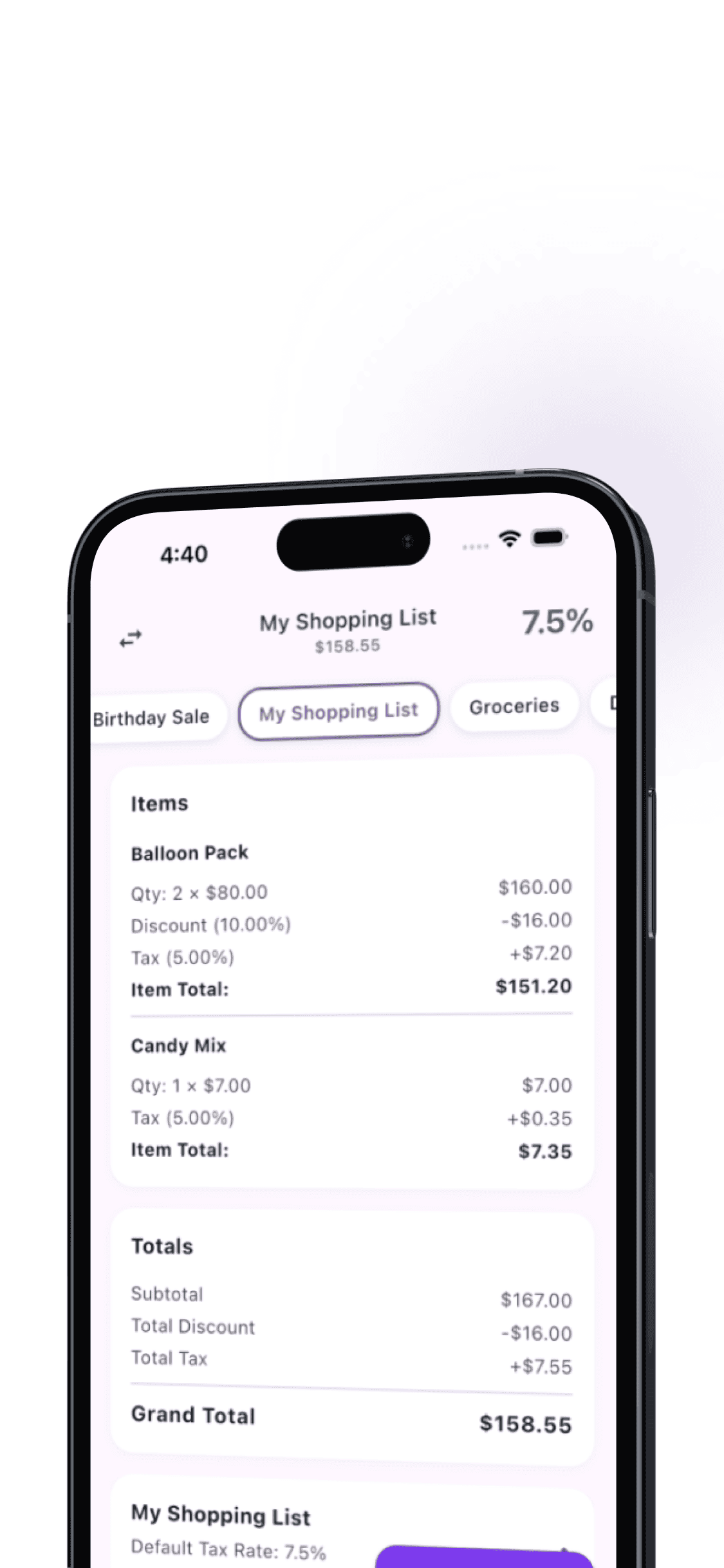 Shopping list with items and totals breakdown