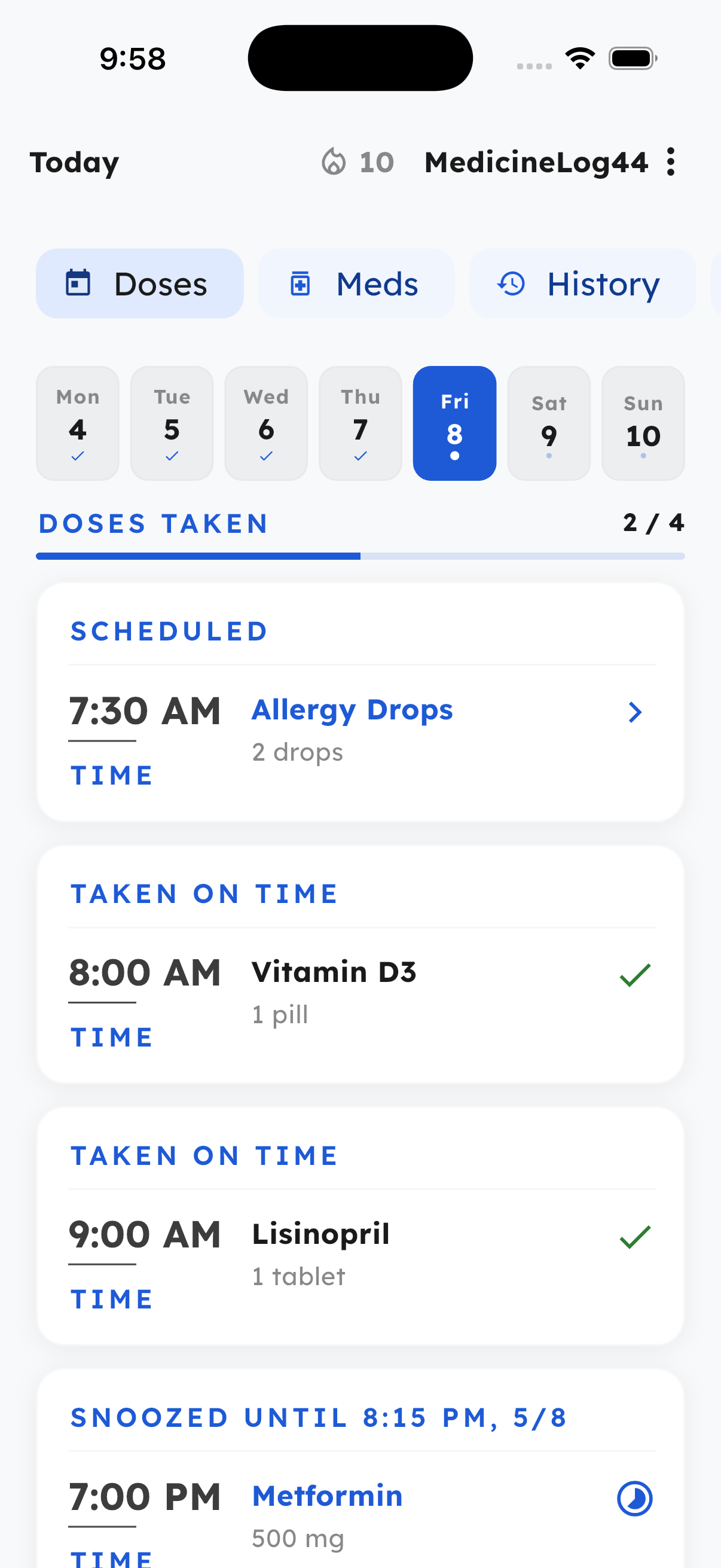 MedicineLog44 daily dose list showing scheduled and taken medications